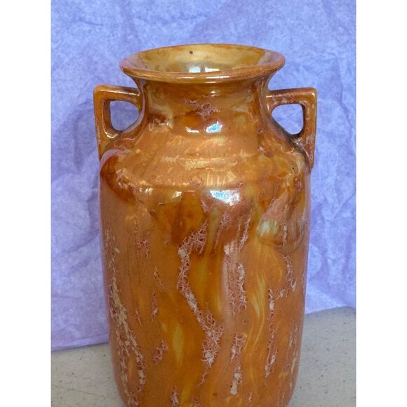 Art Deco Peach Luster Ware Dual Square Handles Vase 5" Tall - Picture 3 of 9